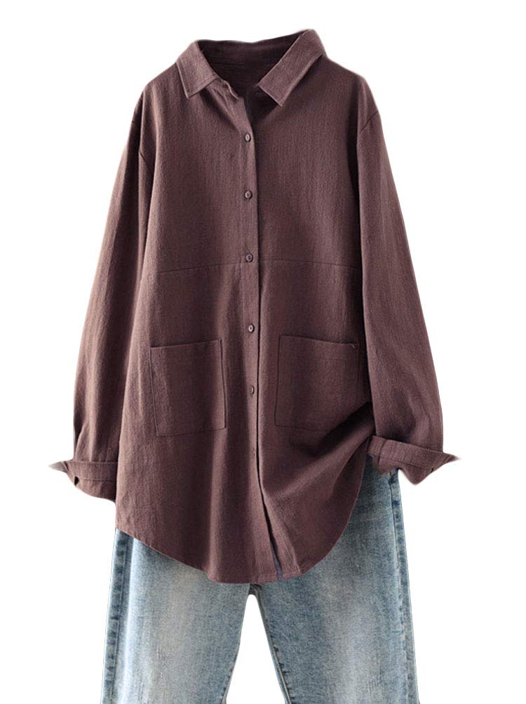 Minibee Women's Linen Shirts Button Down Long Tunic Tops Plus Size Blouse with Pockets Coffee 2XL
